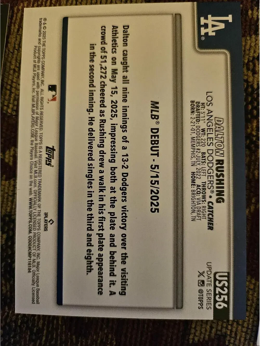 2025 Topps Update - Dalton Rushing (RC #US256 - Dodgers - RAW Mint - Picture 2 of 2